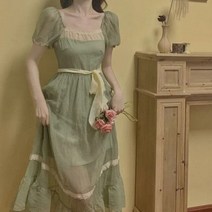 원피스 행운 우아한 레트로 여름 드레스 여성 퍼프 슬리브 v-목 높은 허리 달콤한 프릴 롱 그린 한국어 패션 새