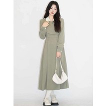 카키색 카라 셔츠 긴팔 플리츠 치마 플레어 롱 원피스