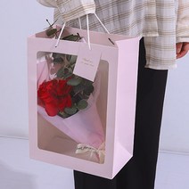 투명창 꽃다발 꽃 쇼핑백 2size [사각 윈도우 PVC 플라워 인형 화분 답례품 선물 창 쇼핑 백 종이 가방], L 핑크