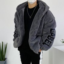 오버핏 소매 벨벳 자수 레터링 커플 밍크 퍼 후드 집업 패딩 점퍼 3color