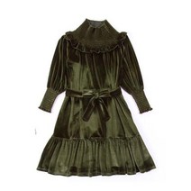 빅사이즈 드레스 올리브 그린 컬러 대 소녀 벨벳 큰 우아한 탄성 목 소매 자매 옷 가을