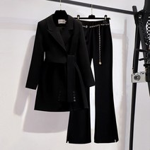 여성 이력서사진옷 면접 정장 자켓 긴팔 바지 옷깃 레저 정장 버튼 벨트 장식 여성 코트 투피스 세트 가을 신