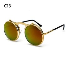 1 PC 빈티지 펑크 라운드 플립 업 선글라스 남성 여성 Steampunk 운전 선글라스 여름 UV 보호 디자이너 안경