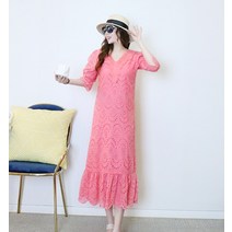 프린세스걸 허니 핑크 펀칭 플라워 레이스 V넥 프릴 롱 원피스