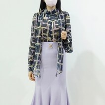 에르 나염 체인 패턴 롱 스카프 하이넥 쉬폰 블라우스 오피스룩 핑크 네이비 2color