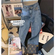 FLI 2022 New Blue Printed Edge High -waisted Jeans Female Korean 버전 느슨하고 얇고 작은 수직 스트레이트 바지 ZA-239554