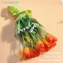 PCS 꽃 실리콘 노란색 튤립 꽃다발 리얼 터치 칼라 홈 부활절 선물 인공 결혼식-인디고, [01] pcs Poly Bag, [03]  piece per bunch