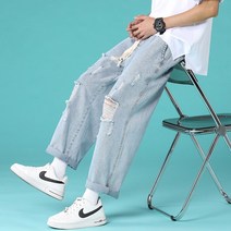 일자 9부 팬츠 연한색 대미지 데님 바지남자 여름 얇은 와이드 루즈핏 스트레이트핏 트렌드 BK880P40 4994832985