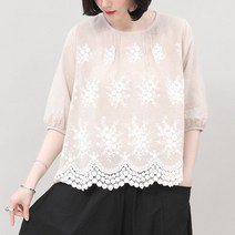애비뉴투지 엄마옷 플라워 자수 레이스 여름 린넨 5부 반팔 블라우스 B04336