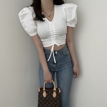 VANANA2 여성 러블리 퍼프 스트링 셔링 크롭 블라우스 반팔 티셔츠