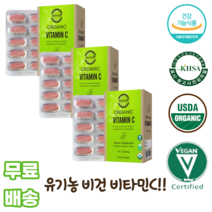 라이즈 유기농 비타민c 30정 유기제조공정 무첨가물 vegan 비건 usda인증 아세로라 대나무잎 구아검 직장인 남녀노소 청소년 어린이 임산부 사회인 어른 부모님 노인 채식주의자, 3박스
