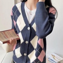 여성 아가일 패턴 브이넥가디건 클래식 모던 코디 니트가디건 내추럴 커리어우먼룩 봄