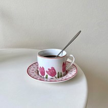 핑크 튤립 커피잔 소서세트 머그컵 플레이트 레트로, 튤립 머그세트+벚꽃 스푼