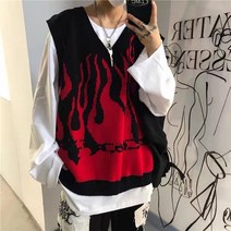 손뜨개조끼 오버핏 롱 크롭 니트조끼 Deeptown 고딕 Streetwear 불꽃 프린트 빅사이즈 스웨터 조끼 여성 하라주쿠 힙합 니트 민소매 v 넥 탑