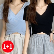 주디앤 여성 여름 올데일리 브이넥 랩 크롭 반팔 티셔츠 2개 리빙공감