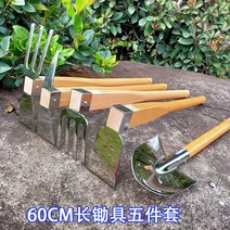 고구마삽 산행용 약초지팡이 야전 곡괭이 참나무 조경 곡갱이 흙갈이 벌초 야전 갈쿠리, 60cm 롱스테인레스 호미도구 5종세트 나무자루