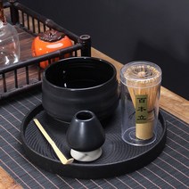 말차다완 일본식 여요천청 도자기 다기세트 차완 대나무 차선 찻사발, 철유+도자기접시 5종세트