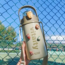 MBH 서모 컵 스포츠 남자 대용량 주전자 물 컵 휴대용 학생304높은 색상 값1000ml컵, 녹색 1.5 3D 스트랩 짚