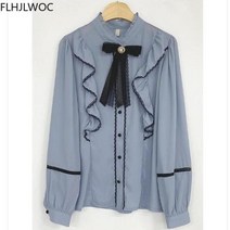 빅사이즈 블라우스 이쁜옷 여성 상의 큰옷 귀여운 나비 넥타이 프릴 프레피 스타일 빈티지 일본 디자인 버튼 우아한 정장 화이트 핑크 셔츠