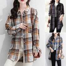 여성 오버핏셔츠 모직 격자 셔츠 여성용 긴팔 한국식 와이드 핏 스타일리시하고 다양한 스타일의 레트로한 상의 중장기 봄 가을 레이어드 아우터