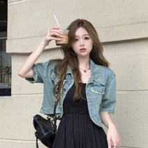 빅사이즈원피스 쉬폰원피스 지컷원피스 대형 지방 MM 햅번 스타일 슬림 허리 드레스 여성 여름 복고풍 데님 짧은 재킷 투피스 슈트