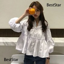 BestStar 블랙 캉캉 퍼프 벌룬 코튼 빈티지 블라우스