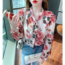 SAMARA 장미 꽃무늬 플라워 리본 타이 퍼프 긴팔 벌룬 쉬폰 블라우스