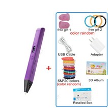 어린이 3d펜 3d프린터 저온3d펜 드로잉 간단조작 DIY 3d용품 RP800A OLED 디스플레이가있는 3D 인쇄 펜 Doodling Art Craft 제작 및 교육 완구 용, [09] purple with PLA 100m, [01] EU adapter