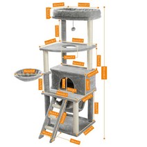 Nikooo 드롭 배송 고양이 나무 키 큰 고양이 타워 큰 고양이 콘도 아늑한 농어 침대 긁힘 기둥 고양이 장난감, L, AMT0103Gray