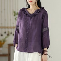 여성 여름 린넨 조끼 베스트 봄 여름 스타일 문학 v-넥 레이스 중공 100 스트레이트 파인 모시 7부 풀오버 셔츠 여성용 탑