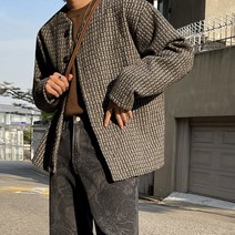남자 버튼 노카라넥 체크 자켓