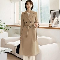 시크라인 우드 더블 버튼 허리 스트랩 세미 A 라인 코트