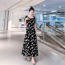 쉬폰 허리 스트링 롱원피스 선녀 원피스 얇은 여름 프렌치 사각 넥 리본 프린트 스커트 슬림