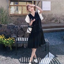 WZC 여름 여성 세미 정장원피스 브이넥 튤립소매 더블버튼 프릴 루즈핏 반팔 미디원피스 빅사이즈 L~4XL