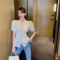 여성 여름 도트 폴카 화이트 반팔 블라우스 셔츠 탑