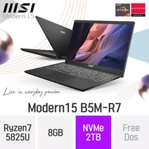 MSI 모던시리즈 모던15 B5M-R7 - 15.6인치 AMD 라이젠7 휴대용 인강용 문서작업 온라인수업 재택근무용 대학생 노트북, Free Dos, 8GB, 2TB