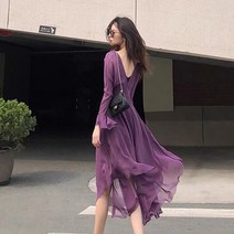 2022년 여성 프렌치 시크 롱스커트 퍼플 쉬폰 원피스 얇은양기감령 투피스