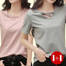 [1+1] 브이넥 사선 절개 두줄 투 라인 링 포인트 반팔 티셔츠 2종 세트