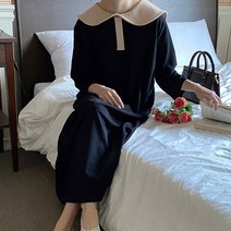 퍼니걸스 6244 배색 튤립 카라 지지미 롱 원피스 여성의류