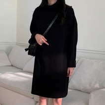 다잇템 여자 심플 롱슬리브 하이넥 혁대 민무늬 원피스