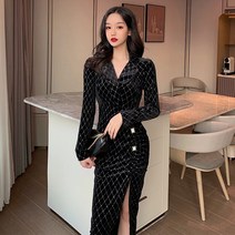 실크 원피스 가을옷 가볍게 사치한 헵번풍 소흑 고퀄리티 감각 이브닝드레스 트임이 길다 골드 2869009563