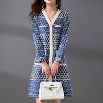 스타일아유 여성 가을 겨울 배색 포켓 브이넥 패턴 가디건형 니트 원피스 오피스 하객룩[AYG7OP0106]