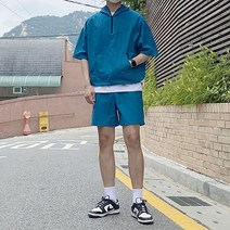 커플 바람막이 파스텔 우븐 여름 나일론 반집업 후드 반팔 아노락 반바지 세트 4color