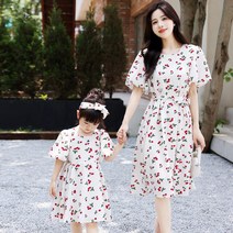 돌잔치 엄마 원피스 드레스 빅사이즈 체리 꽃 무늬 드레스 엄마와 딸 옷 세트 여름 아이 커플 의상 생일