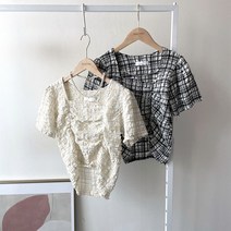 구김없는 지지미 스퀘어넥 체크 셔링 반팔 블라우스 2컬러