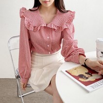 기타 바보사랑[옷자락]여자 깅엄 고방 체크 프릴 면남방 블라우스[무료배송]