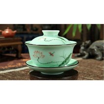 DELIFURCeladon 수공예 도자기 차 세트 연꽃 테마 포트 덮인 찻컵 중국산 공다오 컵, Covered teacup, 1개
