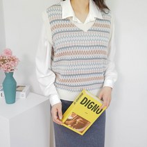 빅걸스토리 여성용 패턴 베이직 브이넥 빈티지 간절기 캐주얼 기본 조끼