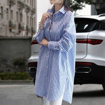 여성 폴리 블루 세로 스트라이프 롱셔츠 블라우스