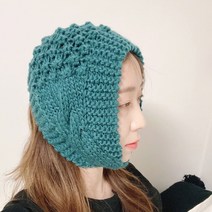 블루그린 니트 손뜨개 귀도리 비니 겨울 귀마개 모자